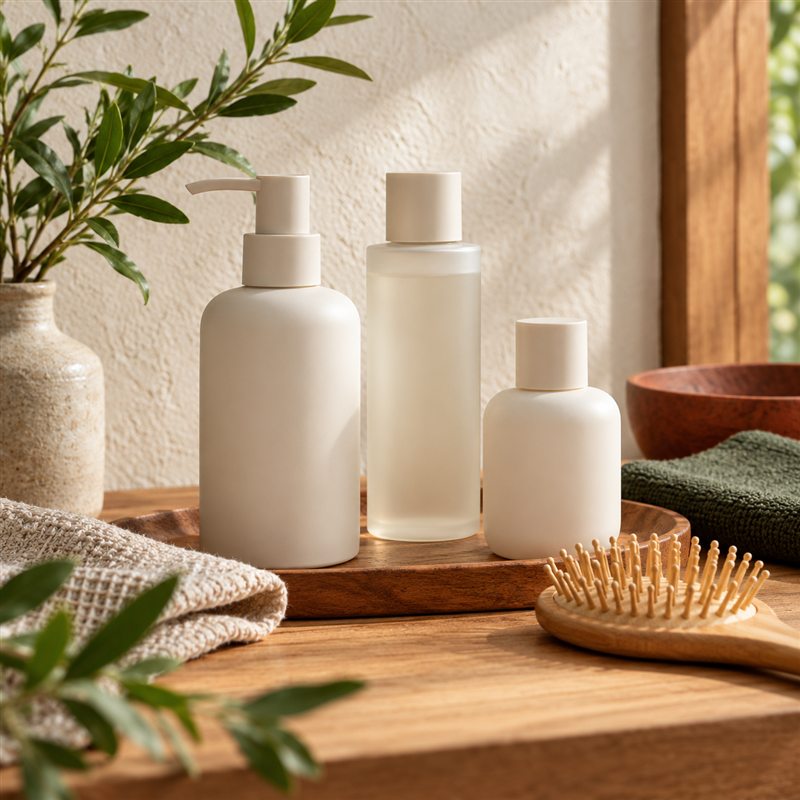 化粧品ボトルとヘアブラシのAI生成イメージ