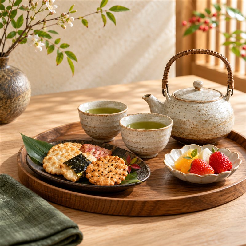 お茶、せんべい、果物のAI生成イメージ