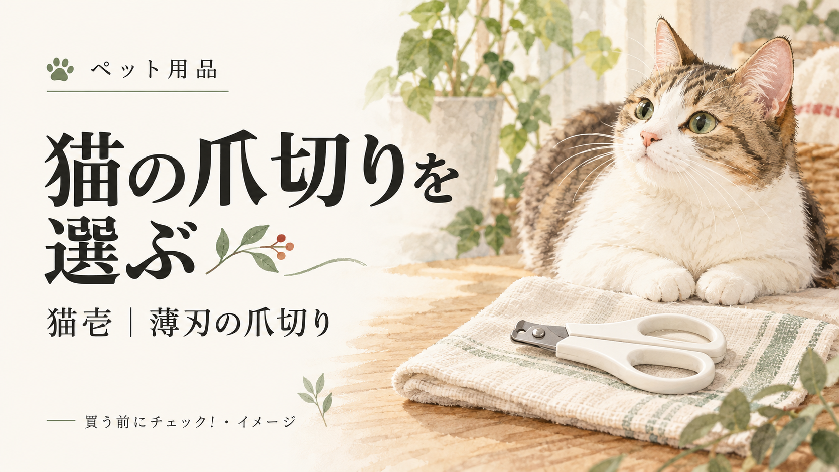 猫壱 猫が嫌がる前にスパッと切れる猫の爪切りの選び方を表すイメージイラスト。実際の商品写真ではありません。